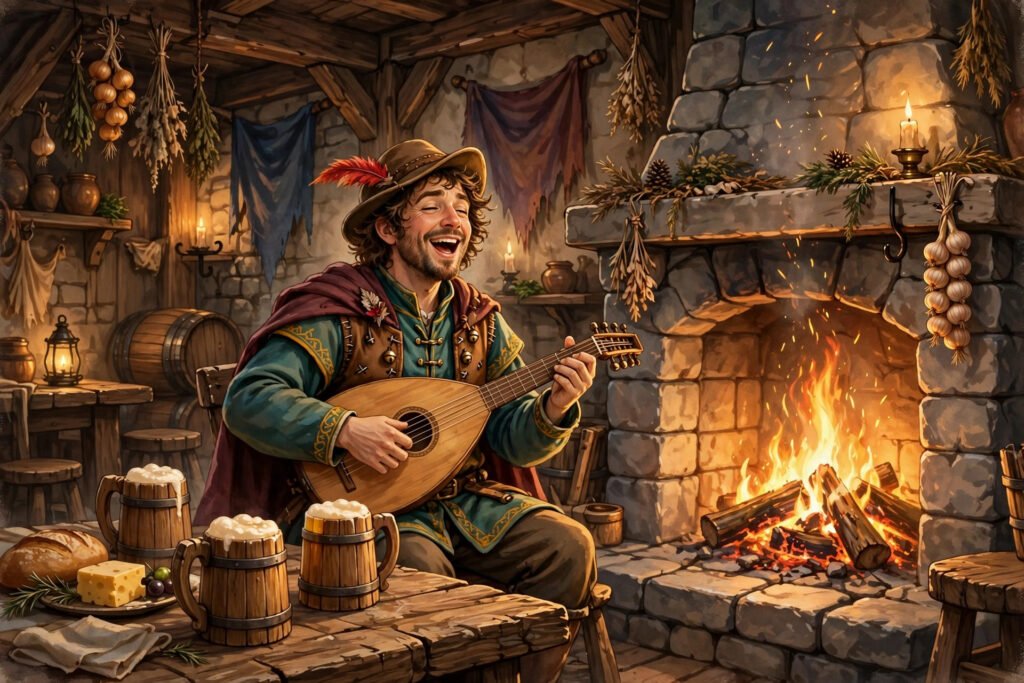 Tavern bard names inspiration: a cheerful minstrel singing beside a warm stone fireplace in a medieval tavern