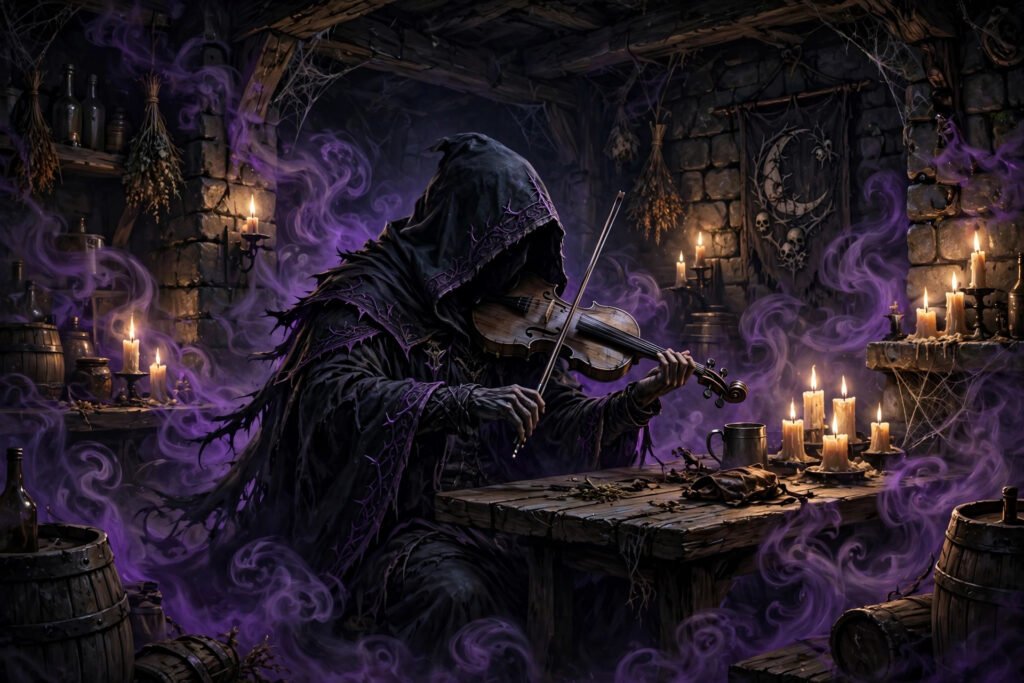 Dark bard names inspiration: a mysterious hooded bard playing a fiddle in a shadowy tavern