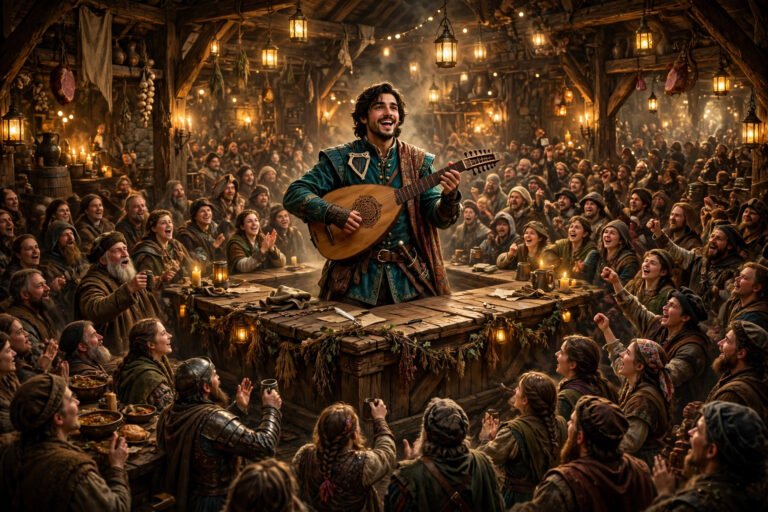 Beautiful bard names inspiration: a charming fantasy bard performing with a lute on a warm tavern stage