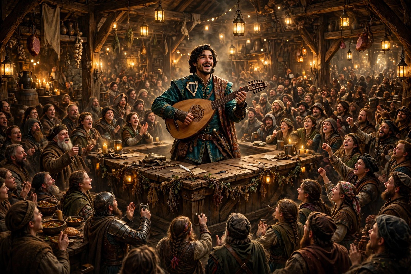 Beautiful bard names inspiration: a charming fantasy bard performing with a lute on a warm tavern stage