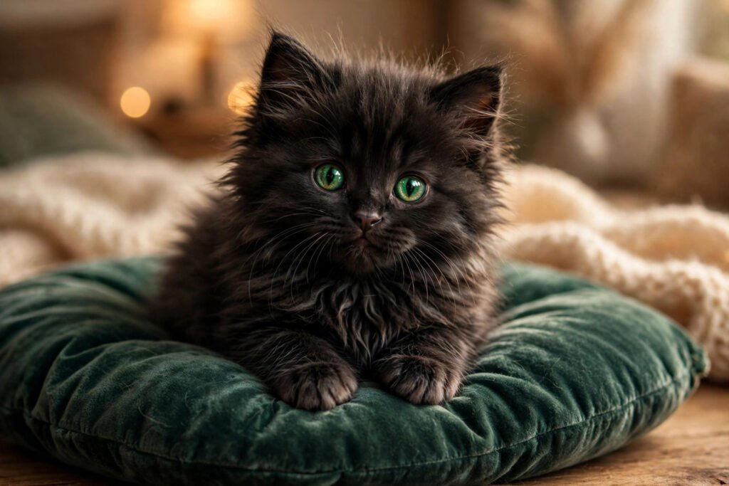 Cute black kitten girl with green eyes inspiring black cat names female ideas