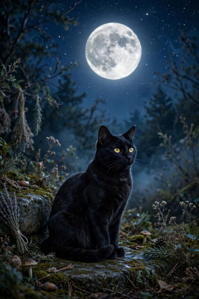 Mysterious black cat under full moon for witchy black cat names female