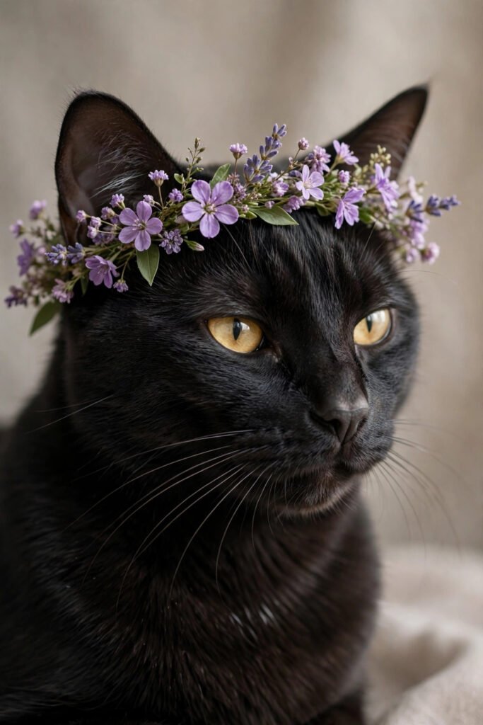 Elegant black cat with purple flower crown from black cat names female guide