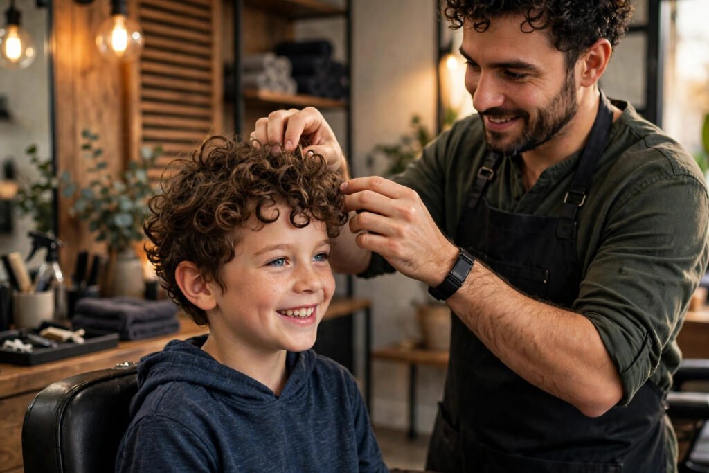 Boy with natural curly hair getting styled at a barbershop, curly boys haircut names