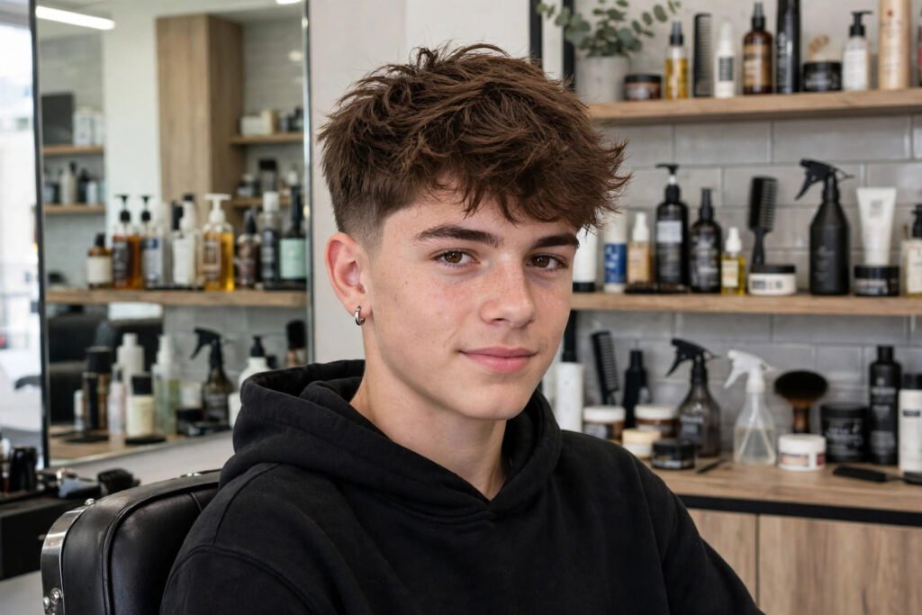 Teenage boy with a modern textured haircut in a barber chair, trendy boys haircut names