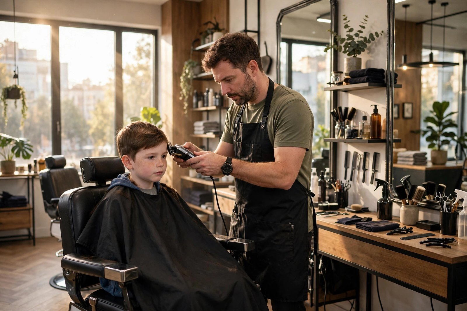 Boy getting a haircut in a modern barbershop, featured image for boys haircut names guide