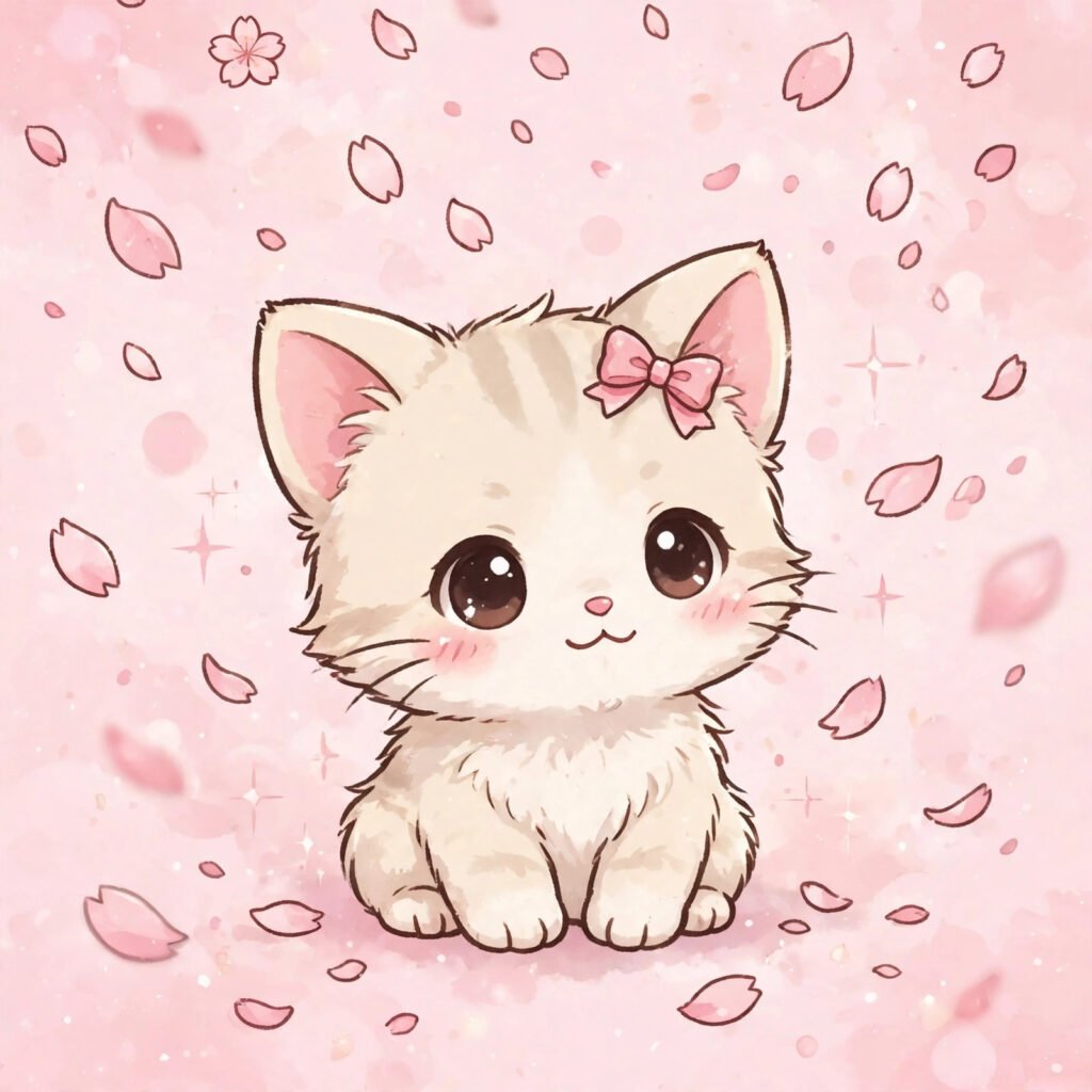 Anime style kitten with cat ears and bow in cherry blossom petals