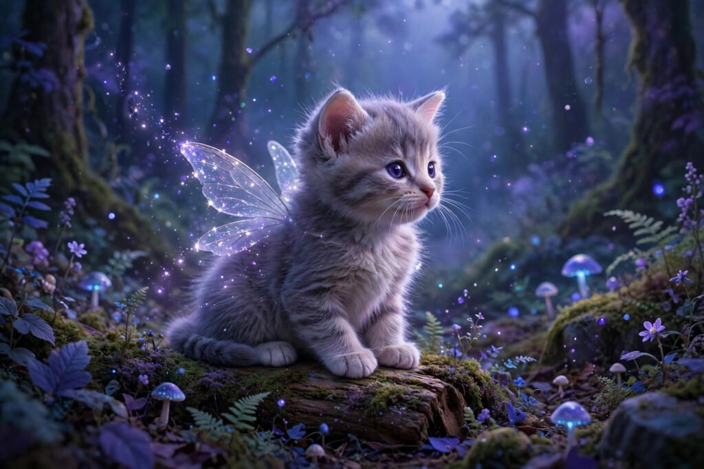 Magical fairy kitten with sparkling wings in twilight forest
