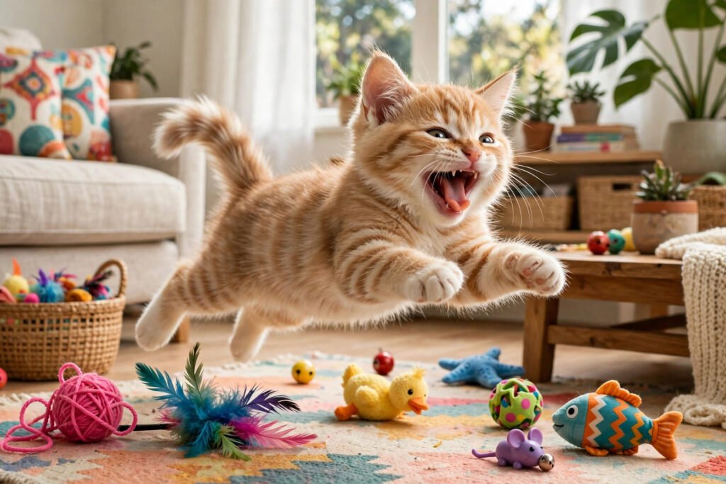 Goofy laughing kitten mid-pounce with colorful toys