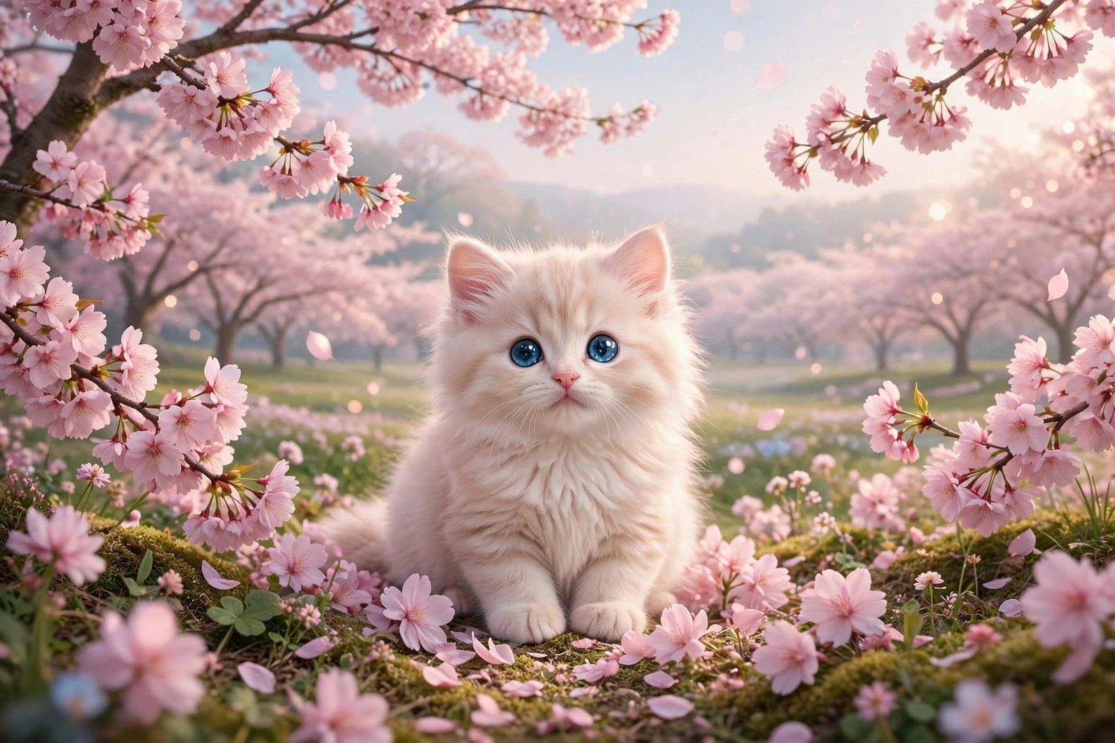 Fluffy female kitten among pink cherry blossoms, cute cat girl names featured photo