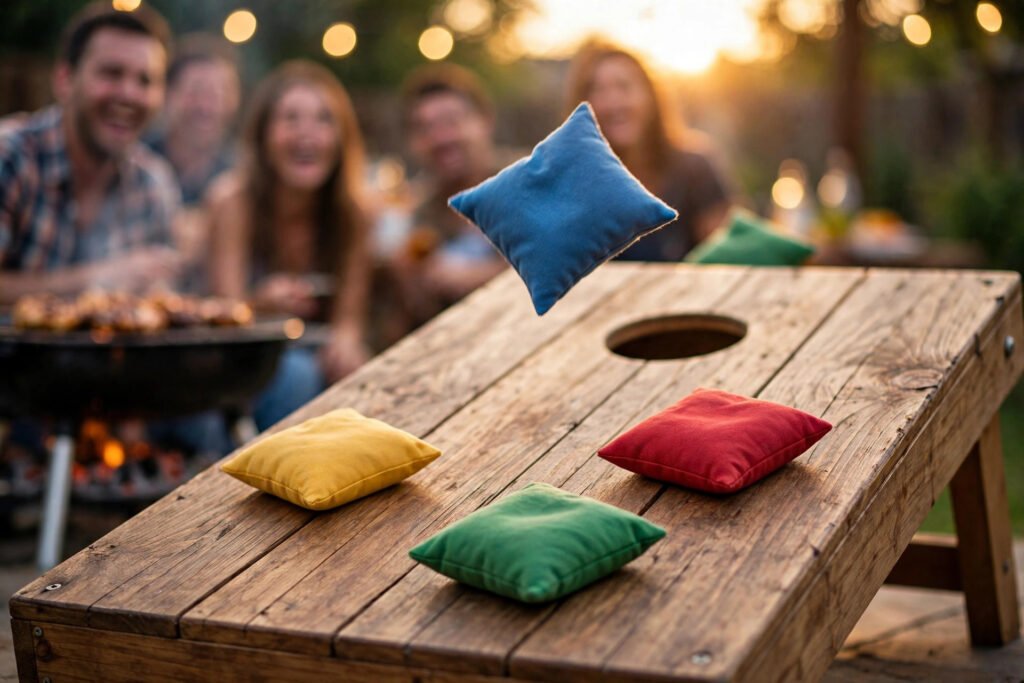 Close up of bean bags on a cornhole board at a barbecue while friends pick cornhole team names