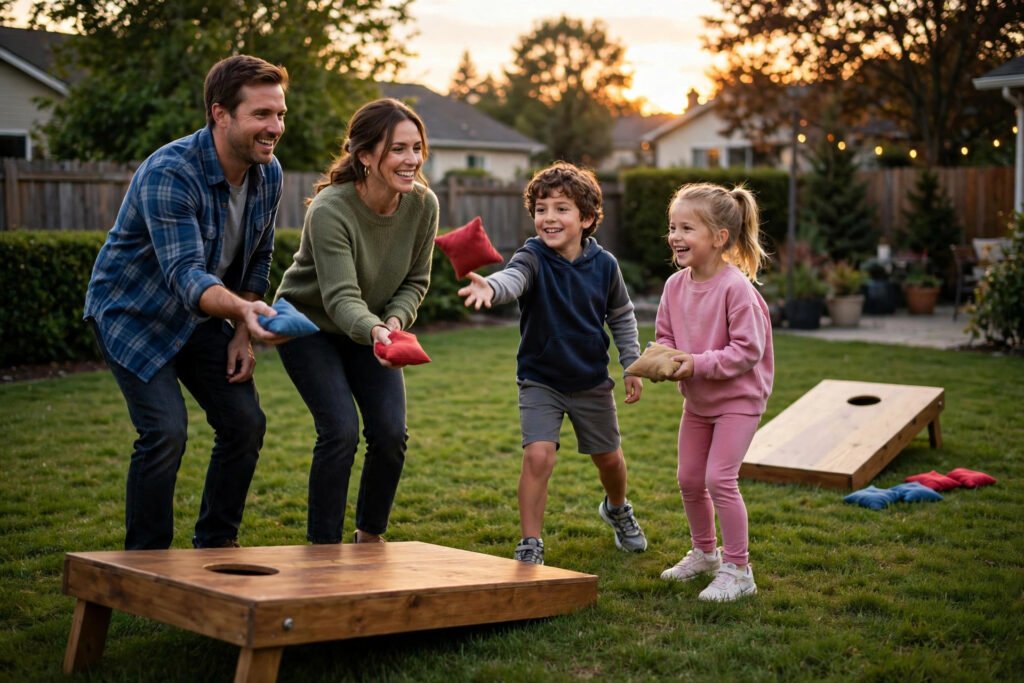 Family playing cornhole at sunset in a suburban backyard, perfect for family friendly cornhole team names