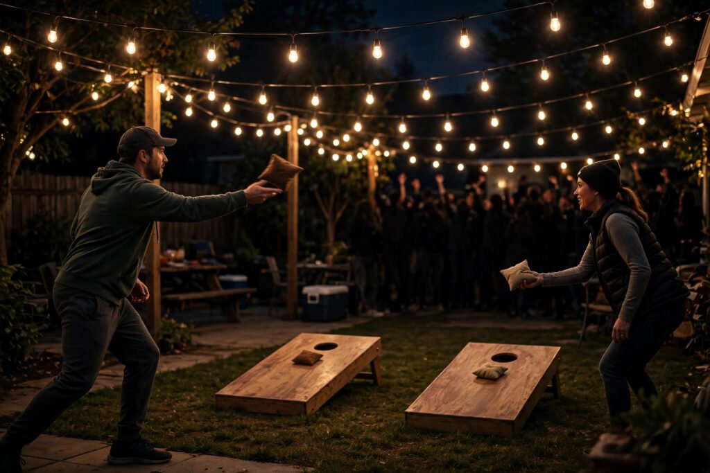 Night cornhole tournament under string lights for cool cornhole team name ideas