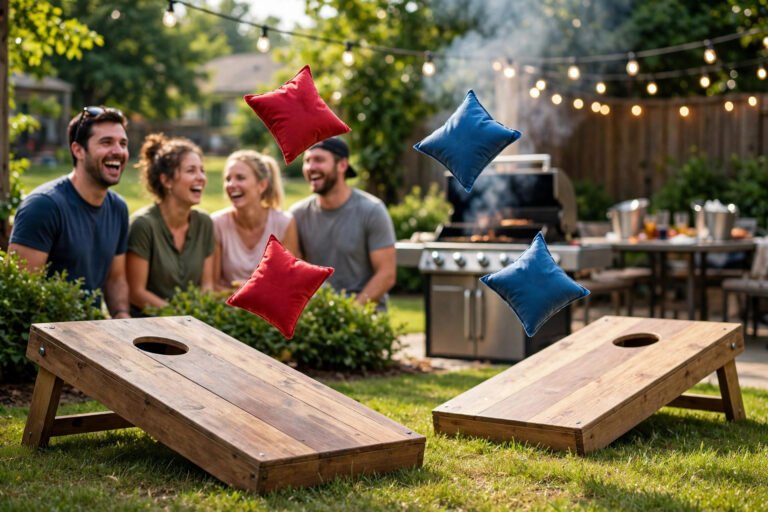Backyard cornhole boards with bean bags at a sunny tailgate party inspiring funny cornhole team names