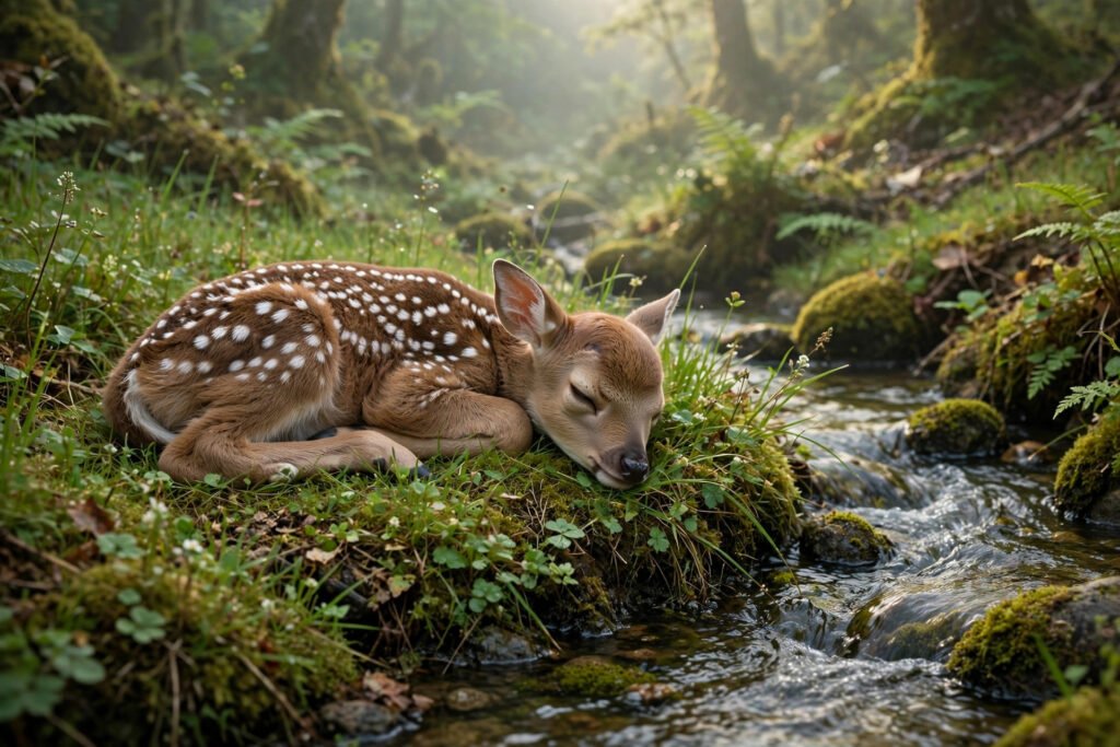 Spotted baby fawn resting in green grass by a stream, cute deer names idea