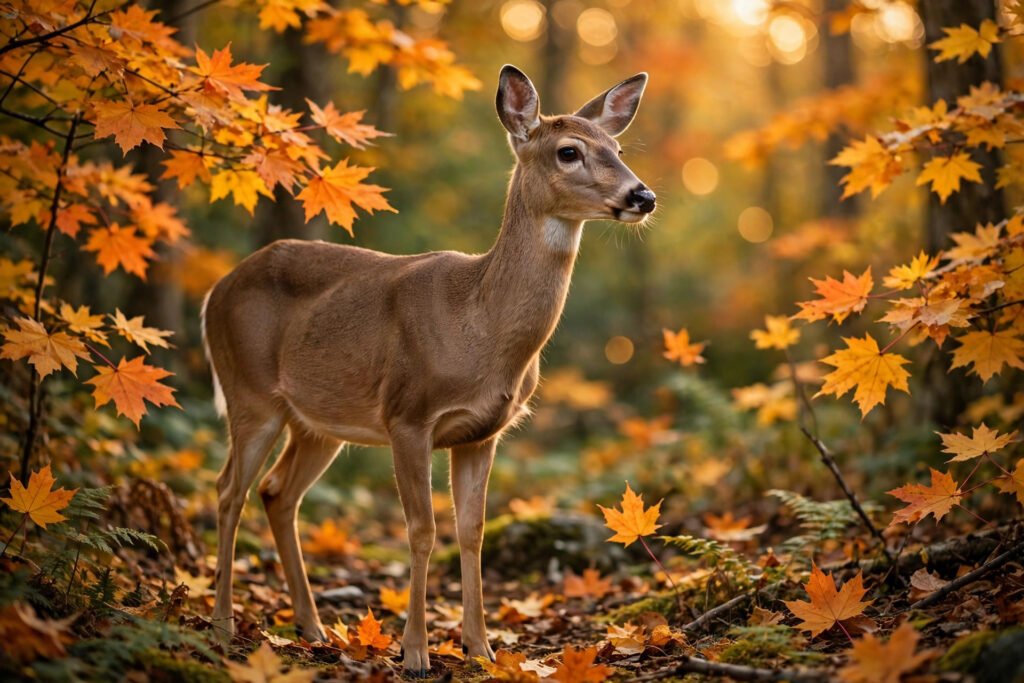 Two deer running through a misty pine forest at sunrise, majestic buck deer names