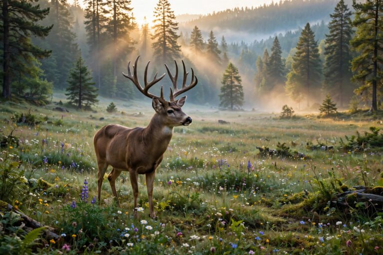 Majestic buck with antlers in a sunlit forest meadow, featured image for deer names list