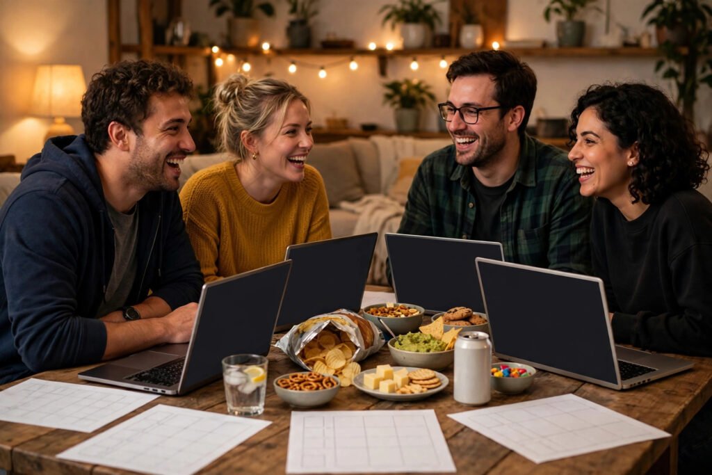 Friends at a draft party picking funny fantasy football team names