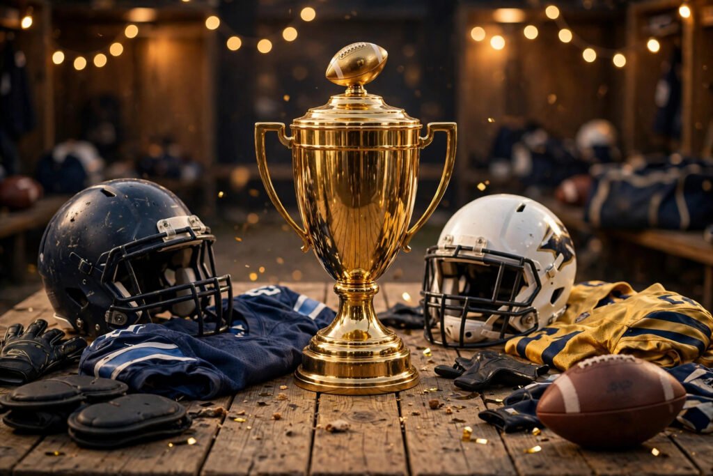 Golden trophy with football gear for cool fantasy football name winners
