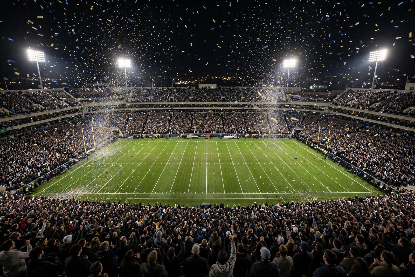 Night stadium with confetti celebrating fantasy football names for the 2026 season