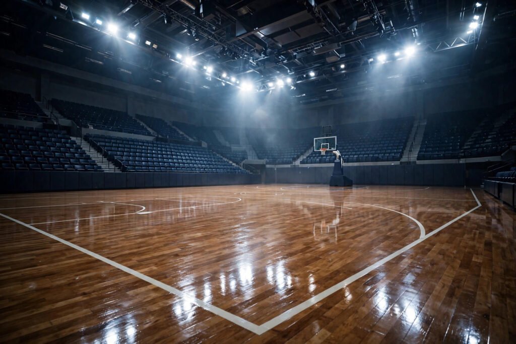 Empty basketball court glowing under bright arena lights for fantasy team names inspiration