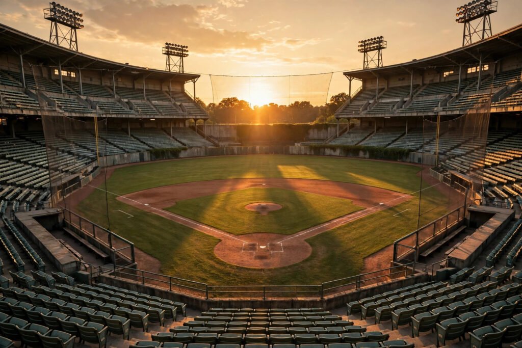 Baseball stadium glowing at golden hour with empty diamond, fantasy team names idea