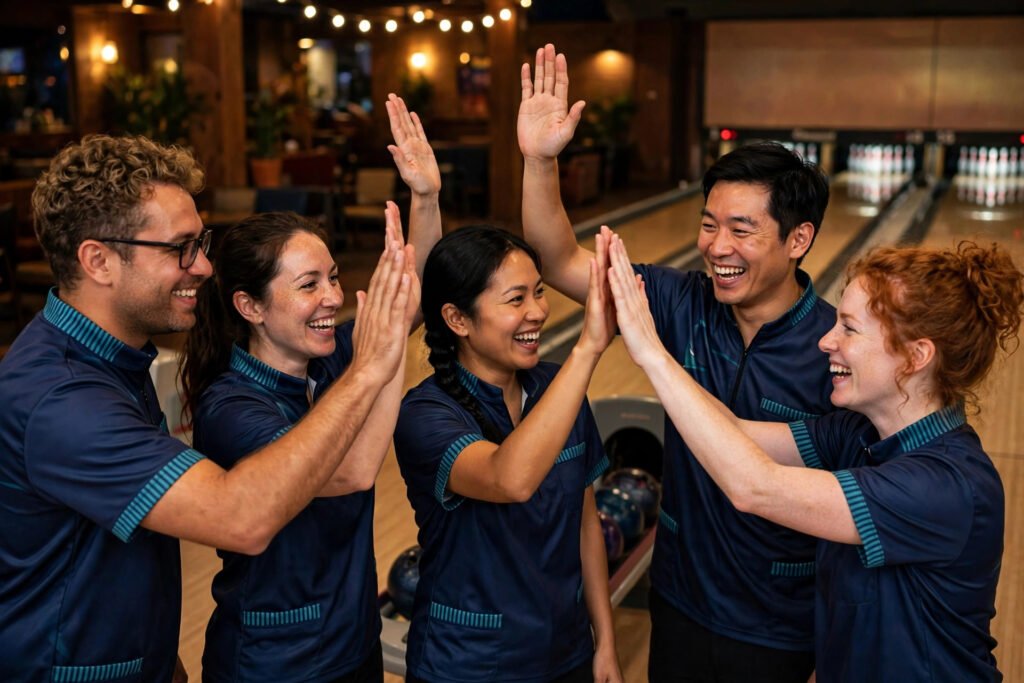 Happy bowling team in matching shirts celebrating at the lanes on league night