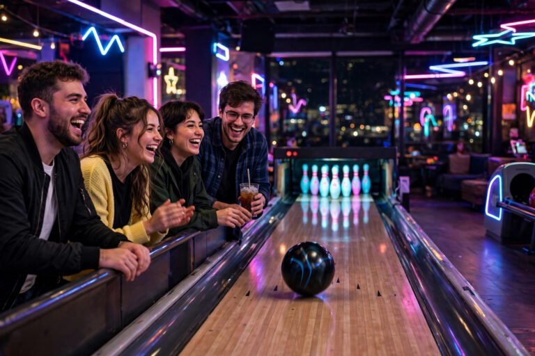 Friends laughing together at a bowling alley while picking funny bowling team names for league night