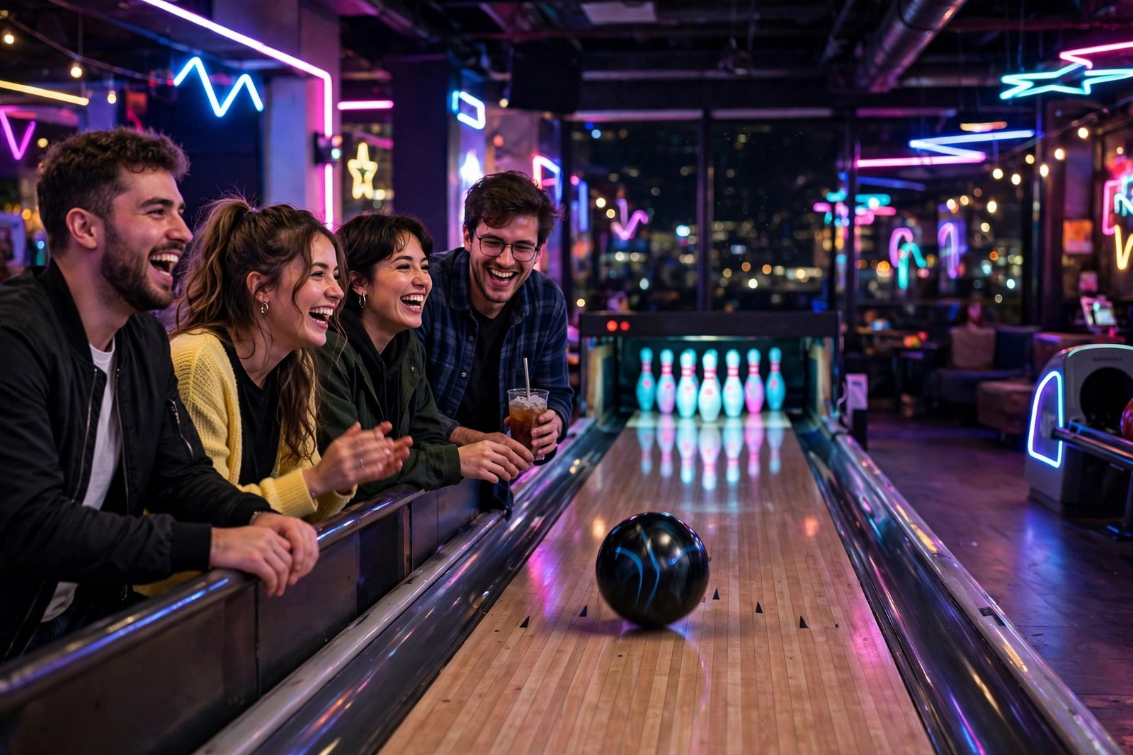 Friends laughing together at a bowling alley while picking funny bowling team names for league night