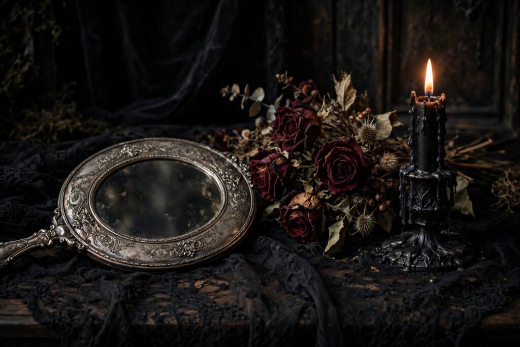 Antique mirror and dried roses beside a black candle, gothic girl names mood
