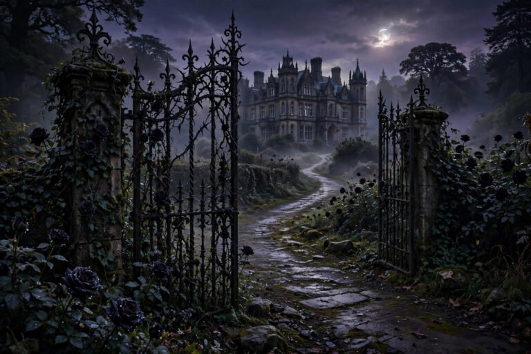 Moonlit Victorian gate with black roses for gothic girl names inspiration