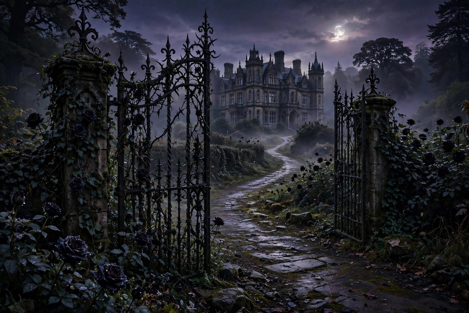 Moonlit Victorian gate with black roses for gothic girl names inspiration
