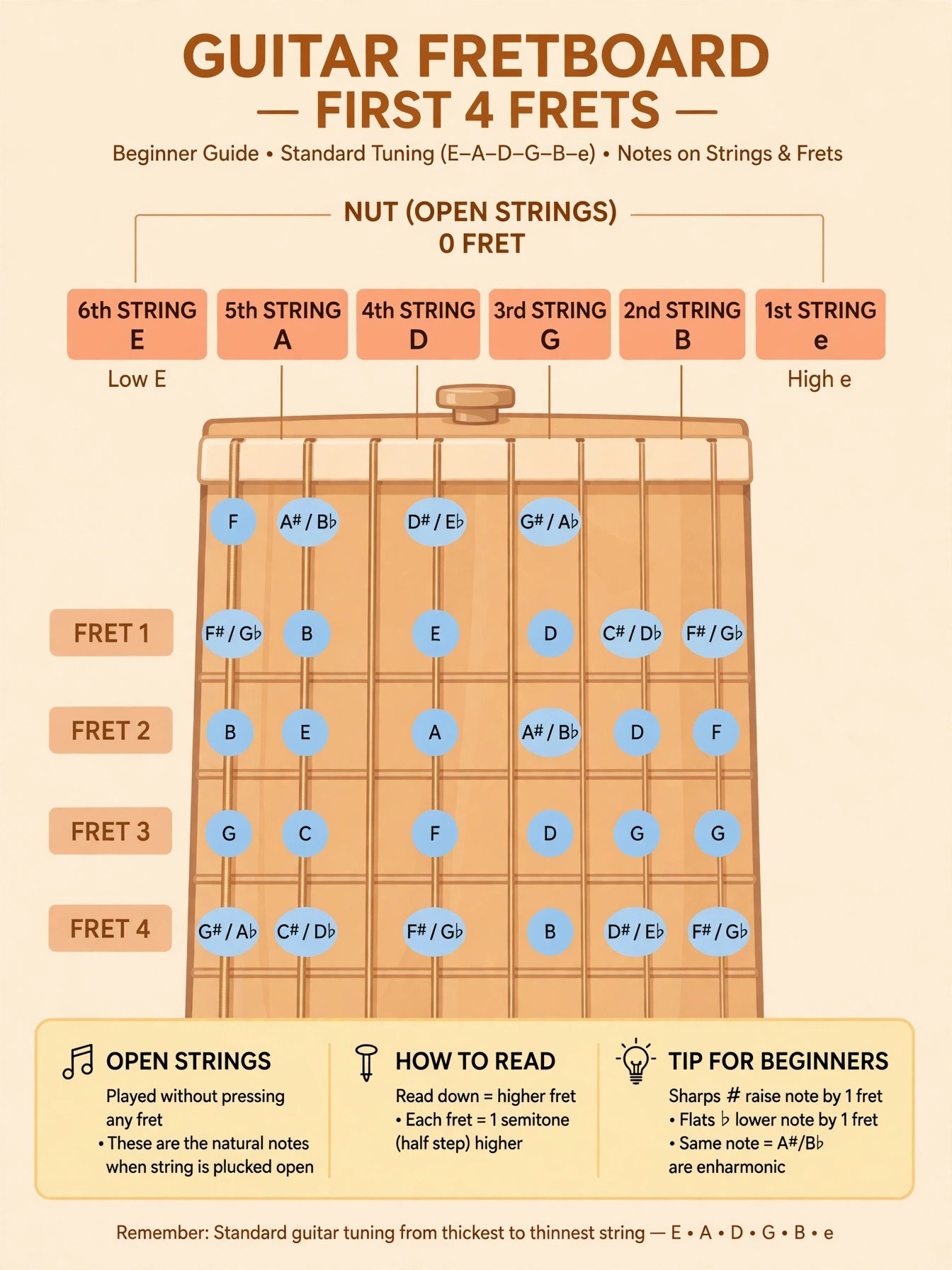 Guitar fretboard diagram with note names labeled on all six strings for beginners