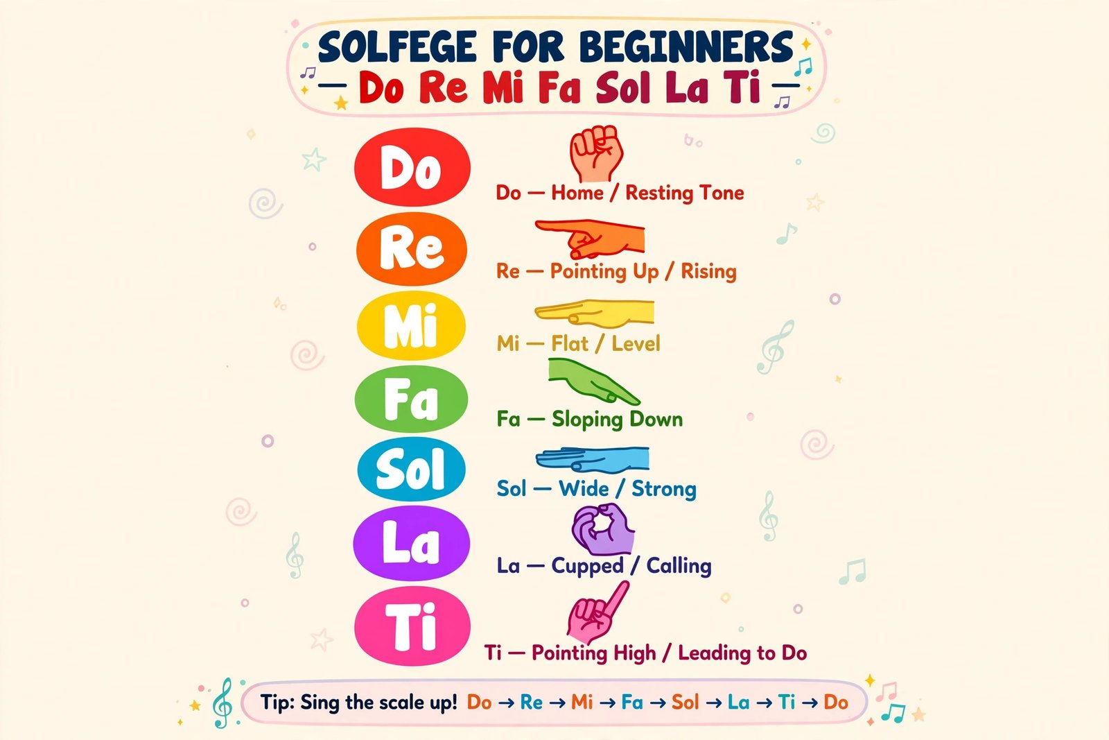Colorful chart of solfege note names Do Re Mi Fa Sol La Ti with hand signs