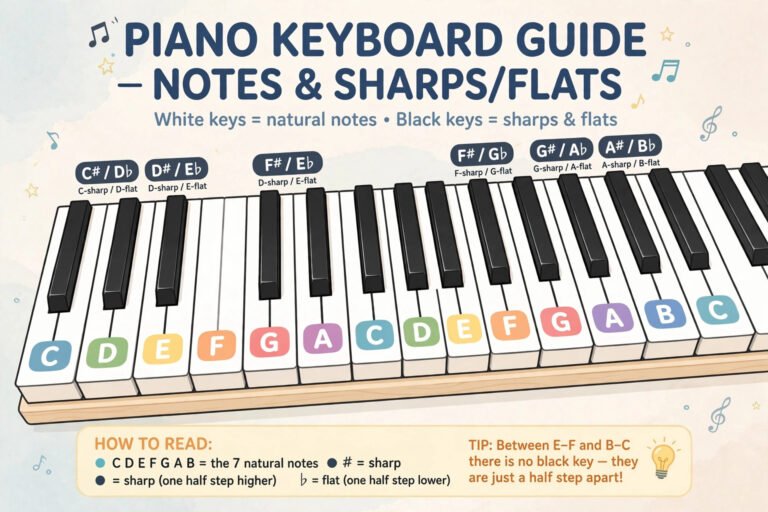 Piano keyboard labeled with note names from A to G, sharps and flats, beginner chart