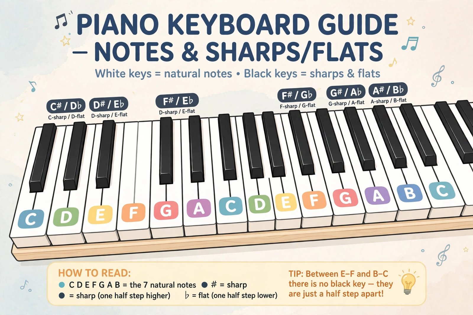 Piano keyboard labeled with note names from A to G, sharps and flats, beginner chart