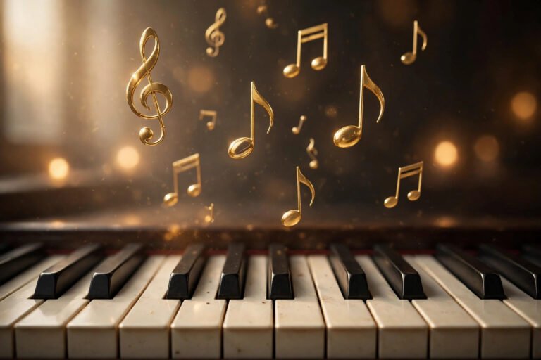 Music note names with piano keys and floating notes