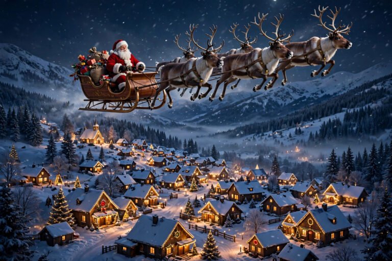 What are the names of Santa's reindeer sleigh flying over snowy village